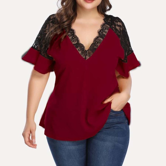 Tops - PLUS SIZE V neck Lace Flutter Sleeve Top Red